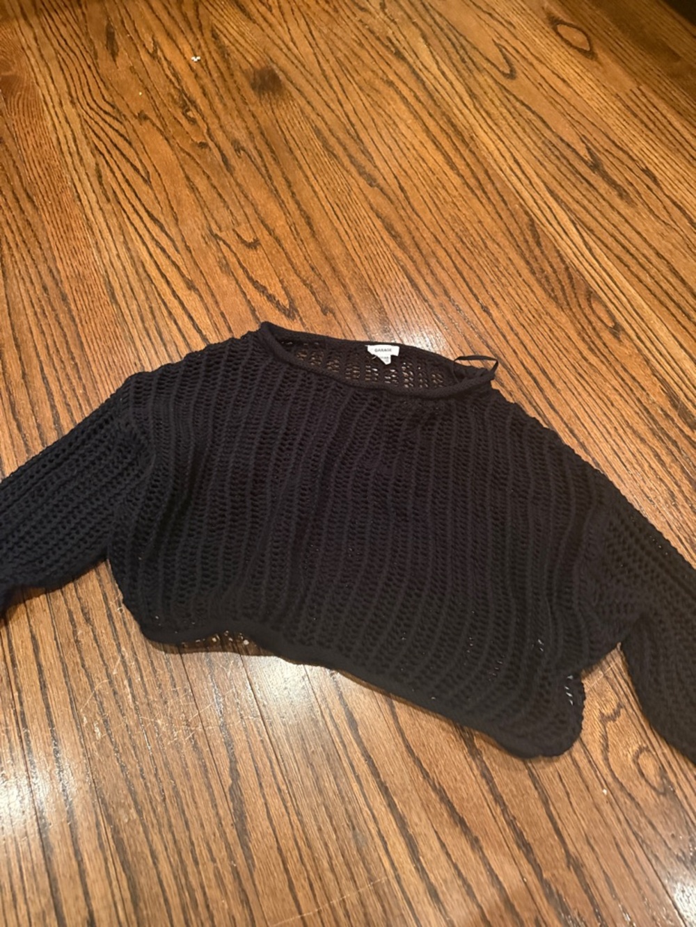 Garage Black Open-Weave Cropped Crew Sweater
